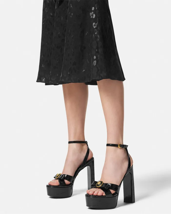 Versace CrocEffect Gianni Ribbon Sandals 140 Mm Blackgold Women Sandals