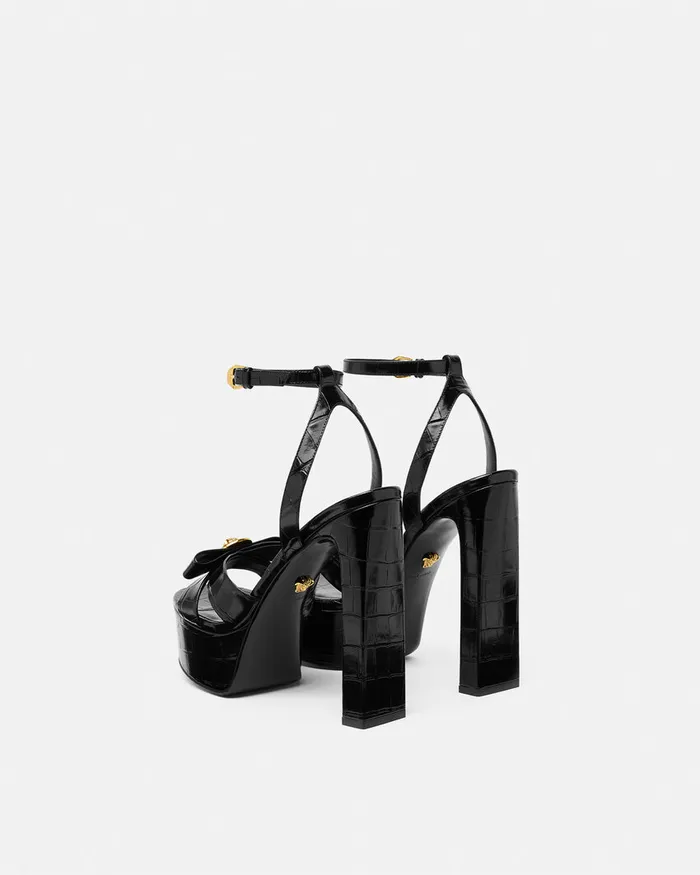 Versace CrocEffect Gianni Ribbon Sandals 140 Mm Blackgold Women Sandals