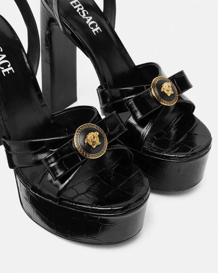 Versace CrocEffect Gianni Ribbon Sandals 140 Mm Blackgold Women Sandals