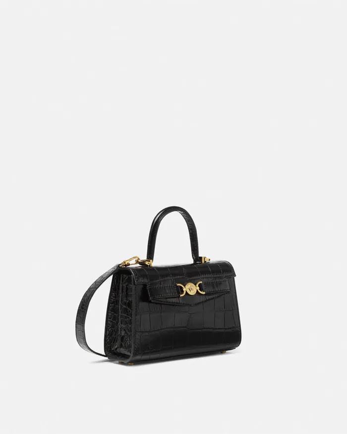 Versace CrocEffect Medusa 03995 Small Handbag Blackgold Women Top Handle