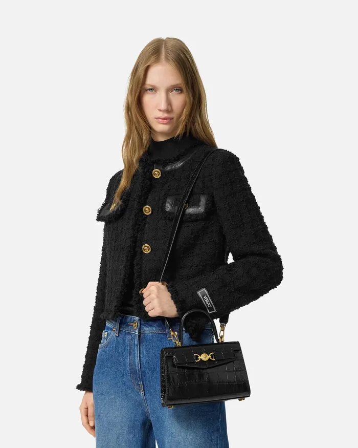Versace CrocEffect Medusa 03995 Small Handbag Blackgold Women Top Handle