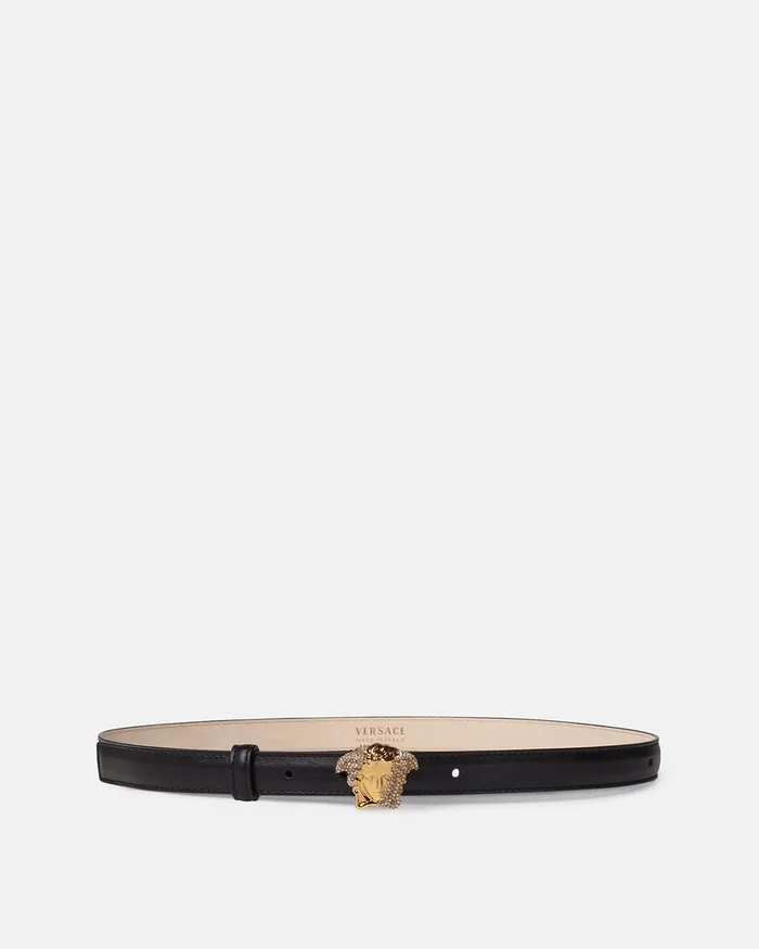 Versace Crystal La Medusa Thin Leather Belt Black Women Belts