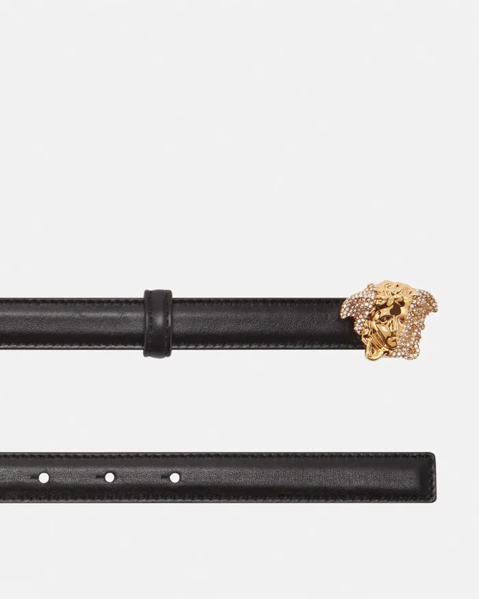 Versace Crystal La Medusa Thin Leather Belt Black Women Belts