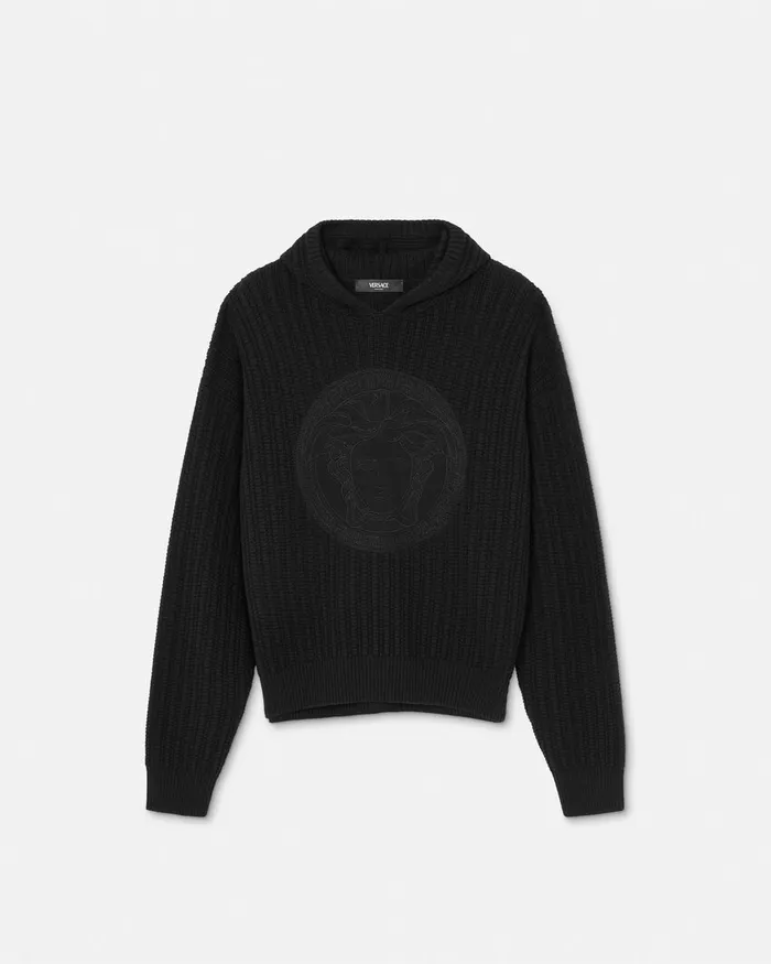 Versace Embroidered Medusa CableKnit Hoodie Black Men Knitwear