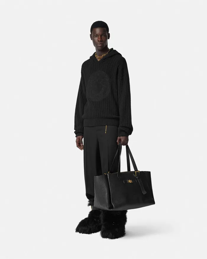 Versace Embroidered Medusa CableKnit Hoodie Black Men Knitwear