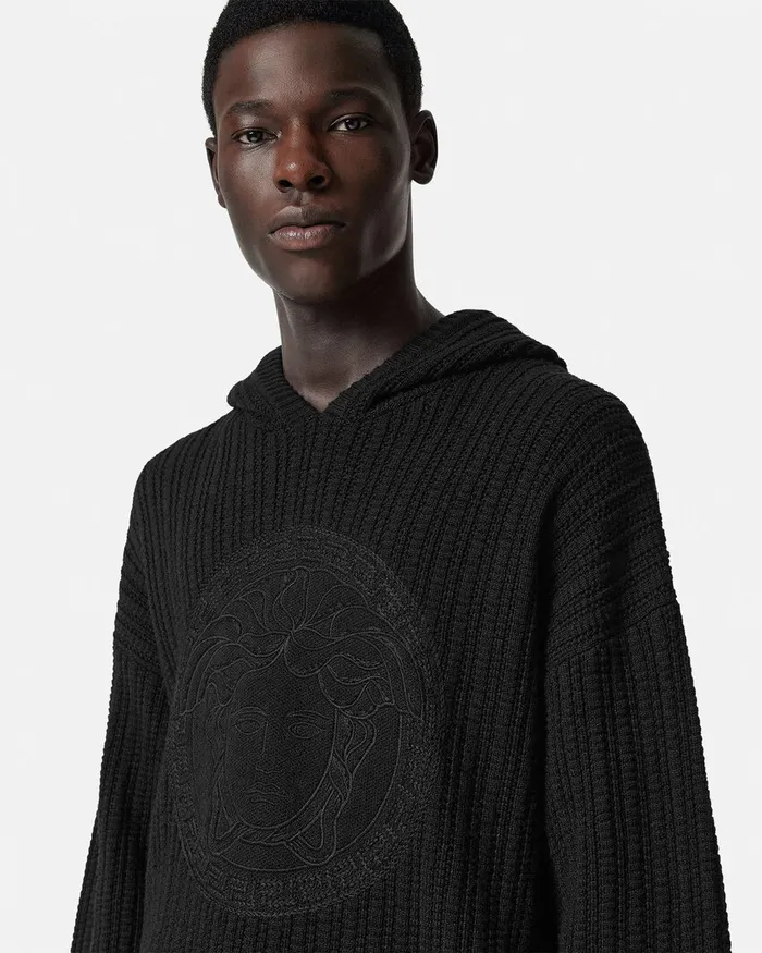 Versace Embroidered Medusa CableKnit Hoodie Black Men Knitwear