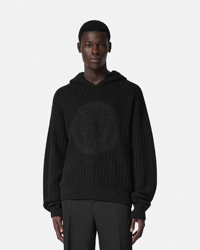 Versace Embroidered Medusa CableKnit Hoodie Black Men Knitwear