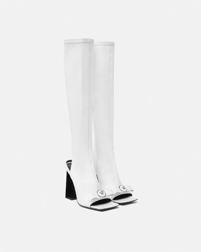 Versace Gianni Ribbon Open KneeHigh Boots 105 Mm White Women Boots