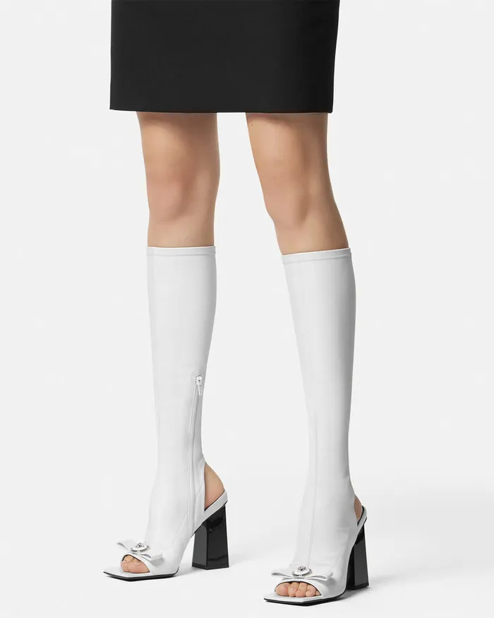 Versace Gianni Ribbon Open KneeHigh Boots 105 Mm White Women Boots