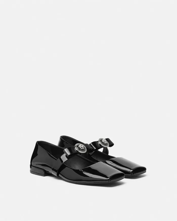 Versace Gianni Ribbon Open Patent Ballerinas Blacksilver Women Loafers and Flats