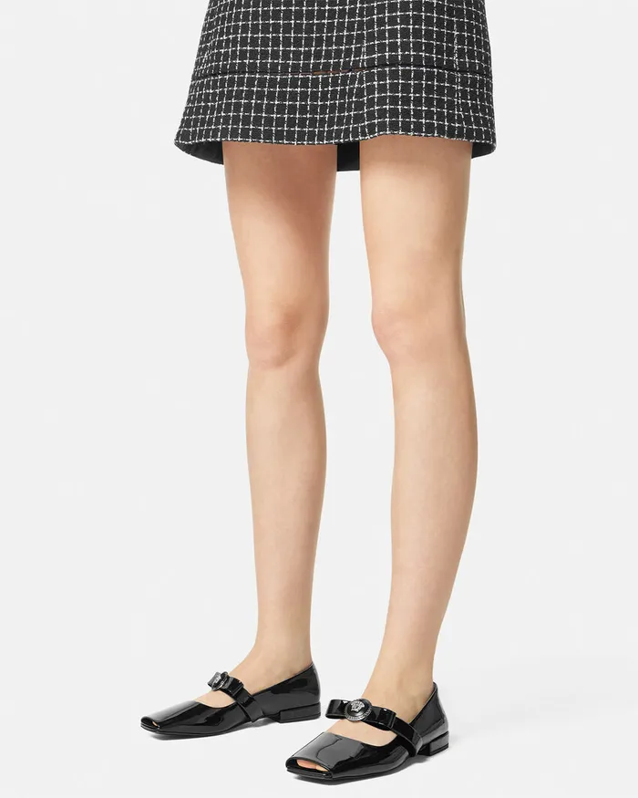 Versace Gianni Ribbon Open Patent Ballerinas Blacksilver Women Loafers and Flats