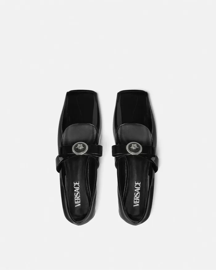 Versace Gianni Ribbon Open Patent Ballerinas Blacksilver Women Loafers and Flats