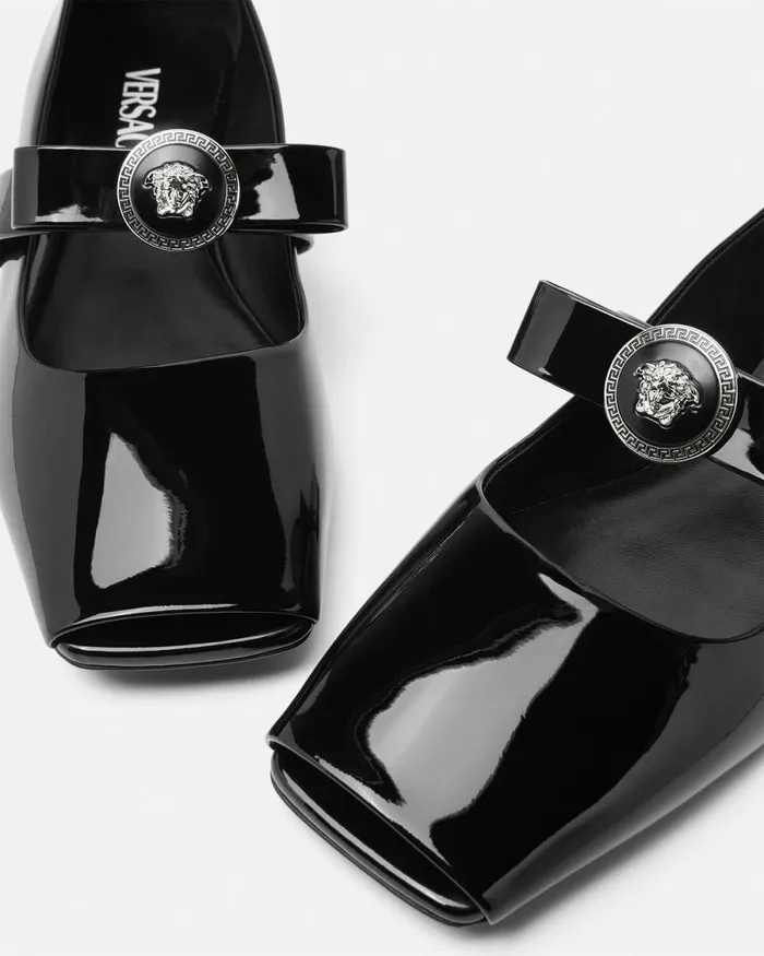 Versace Gianni Ribbon Open Patent Ballerinas Blacksilver Women Loafers and Flats