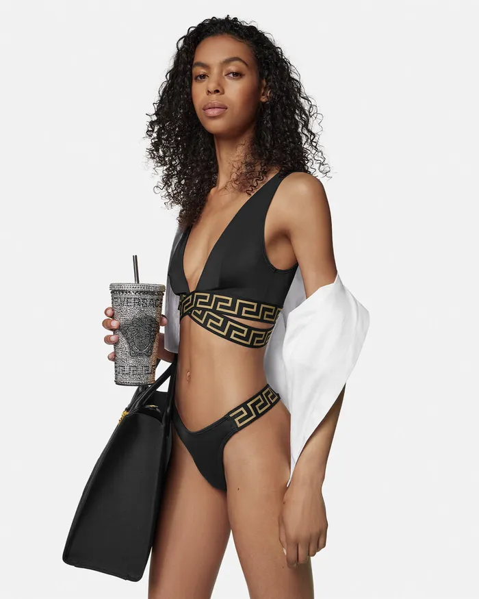 Versace Greca Border Bikini Bottoms Black Women Swimwear
