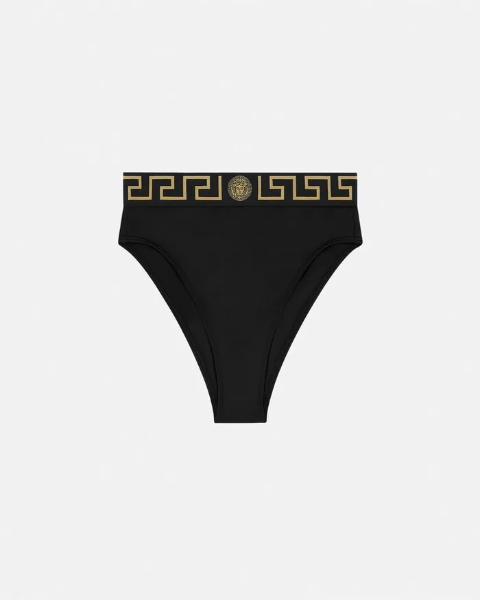 Versace Greca Border High Waist Bikini Bottoms Black Women Swimwear