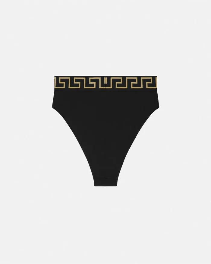 Versace Greca Border High Waist Bikini Bottoms Black Women Swimwear