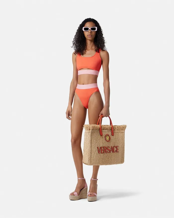Versace Greca Border High Waist Bikini Bottoms Coral Women Swimwear