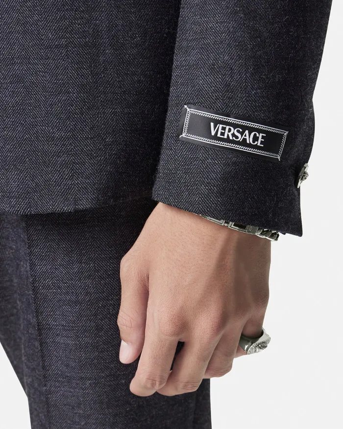 Versace Herringbone SingleBreasted Blazer Gray Men Blazers and Suits
