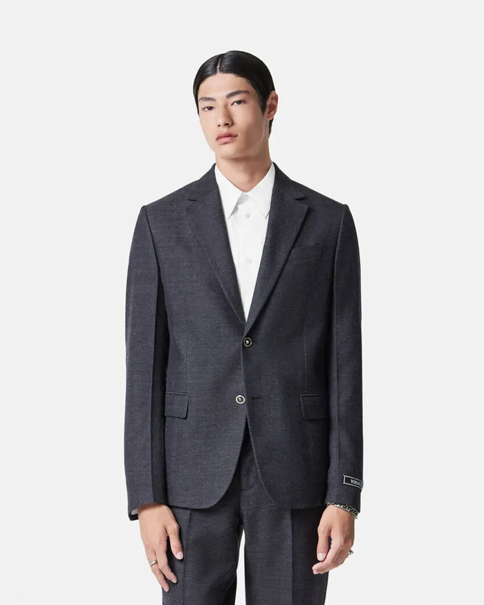 Versace Herringbone SingleBreasted Blazer Gray Men Blazers and Suits