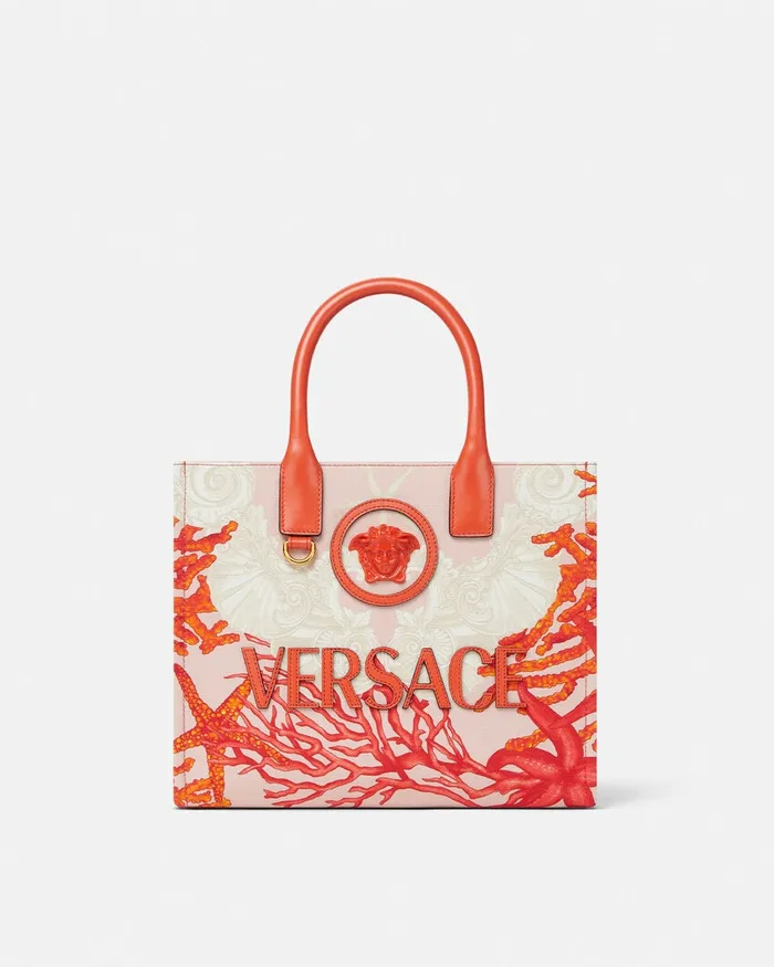Versace La Medusa Barocco Sea Small Canvas Tote Bag Coral Women Totes