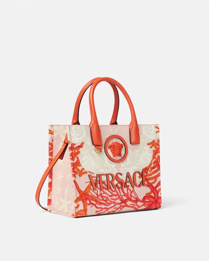 Versace La Medusa Barocco Sea Small Canvas Tote Bag Coral Women Totes