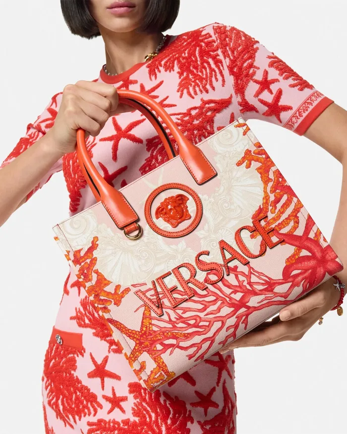 Versace La Medusa Barocco Sea Small Canvas Tote Bag Coral Women Totes
