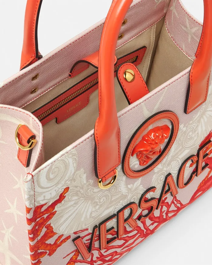 Versace La Medusa Barocco Sea Small Canvas Tote Bag Coral Women Totes