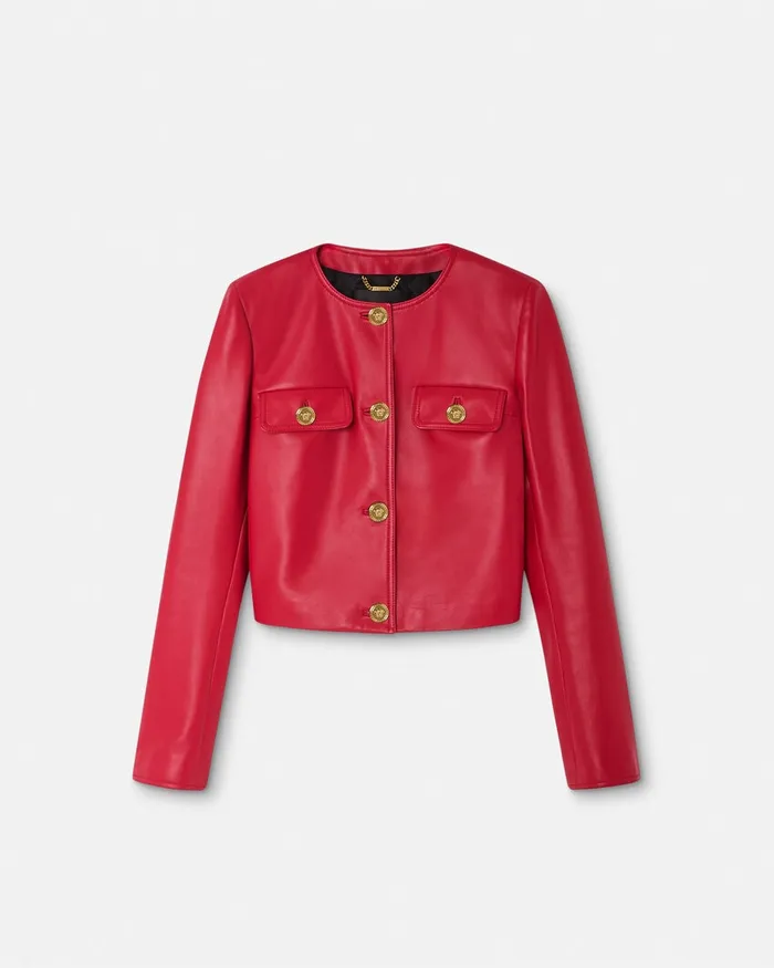 Versace Leather Cardigan Jacket Red Women Outerwear and Coats