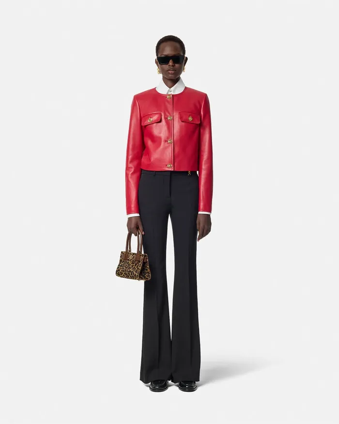 Versace Leather Cardigan Jacket Red Women Outerwear and Coats