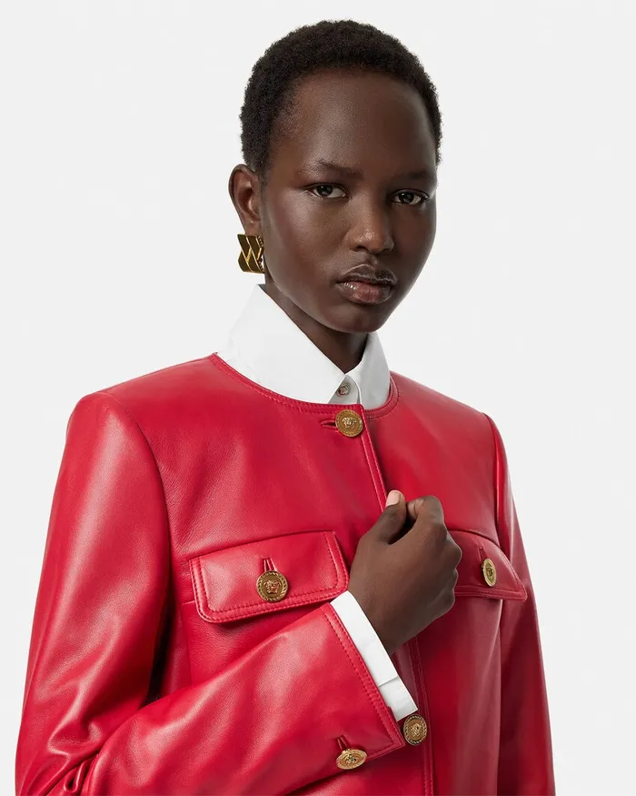 Versace Leather Cardigan Jacket Red Women Outerwear and Coats