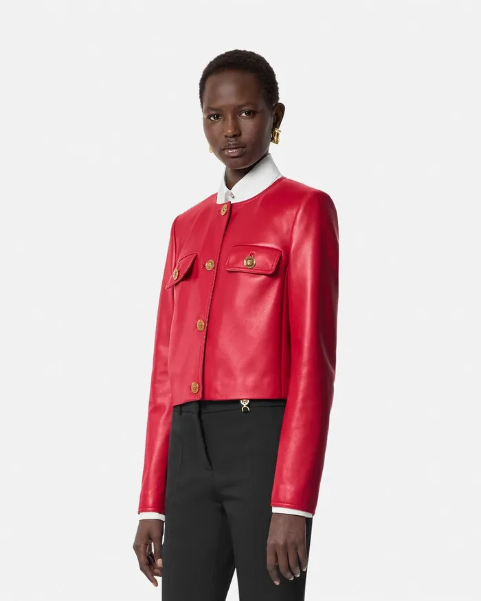 Versace Leather Cardigan Jacket Red Women Outerwear and Coats