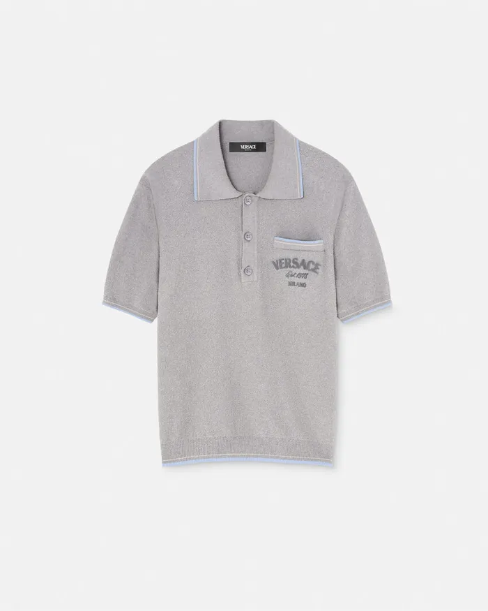 Versace Logo Towel Polo Shirt Gray Men Knitwear