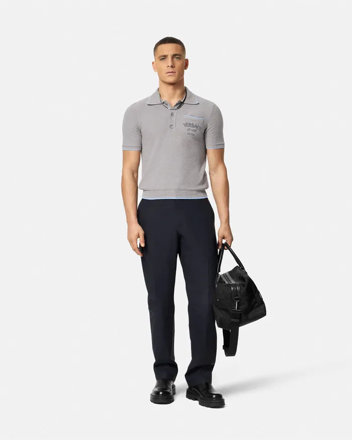 Versace Logo Towel Polo Shirt Gray Men Knitwear
