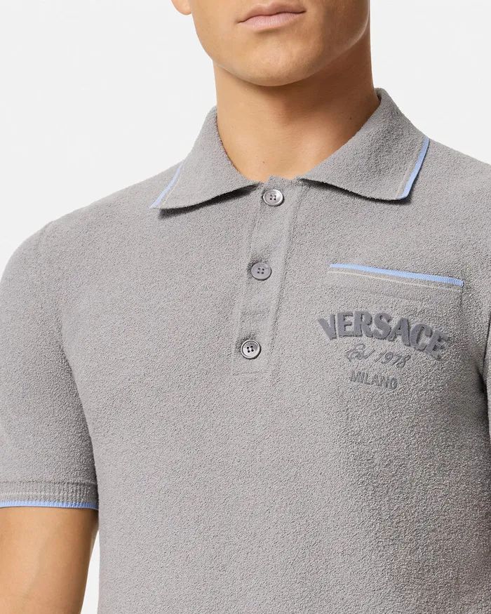 Versace Logo Towel Polo Shirt Gray Men Knitwear