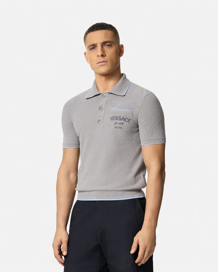 Versace Logo Towel Polo Shirt Gray Men Knitwear