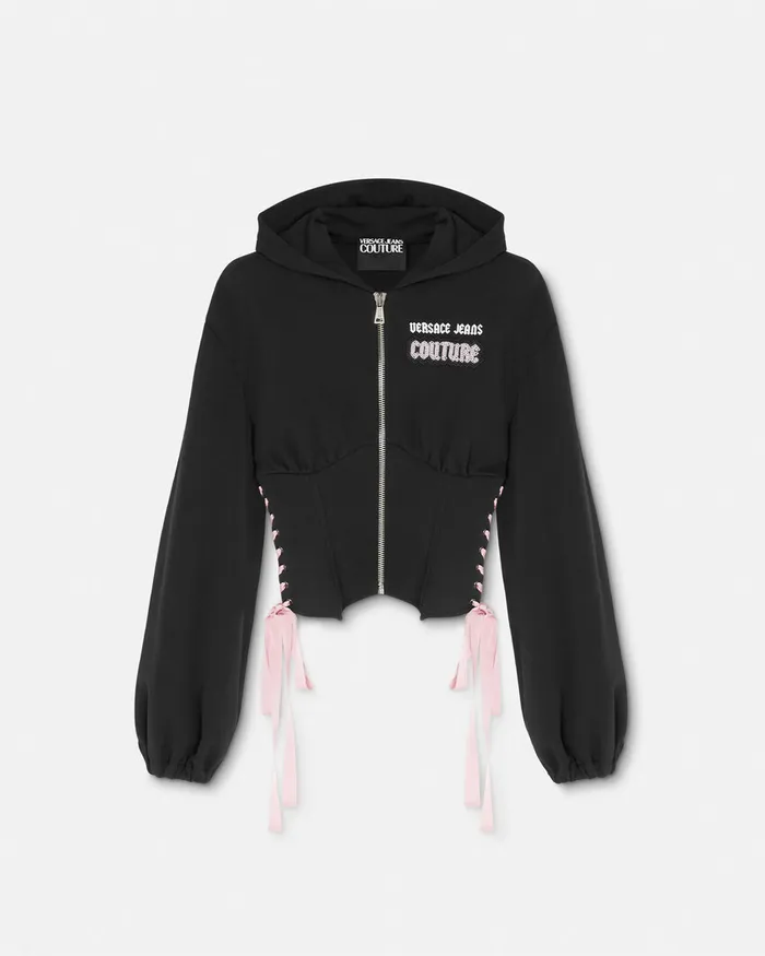 Versace Logo Zip Corset Hoodie Blackprint Women Jeans Couture