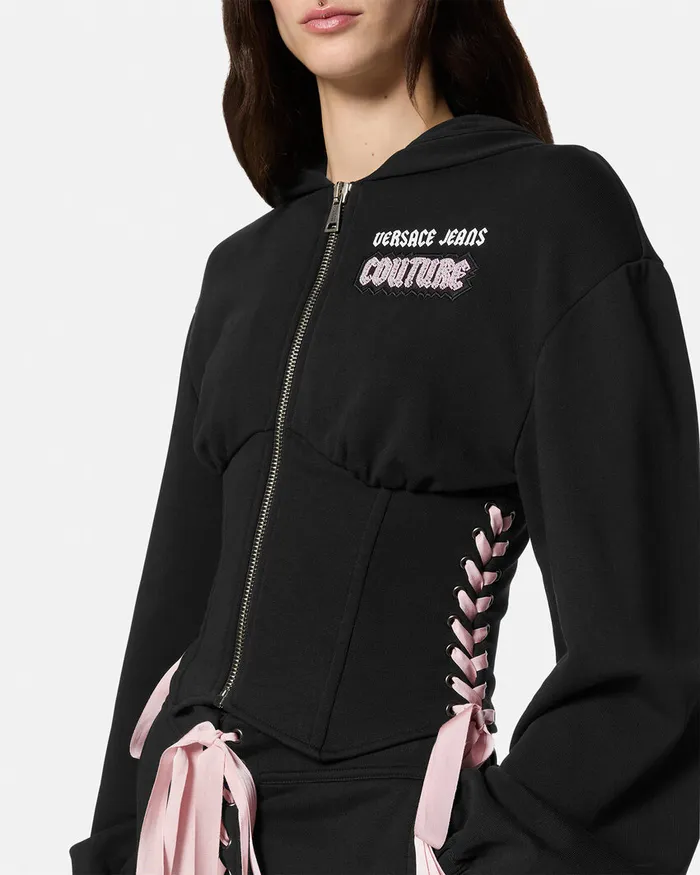 Versace Logo Zip Corset Hoodie Blackprint Women Jeans Couture