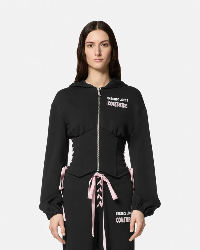 Versace Logo Zip Corset Hoodie Blackprint Women Jeans Couture
