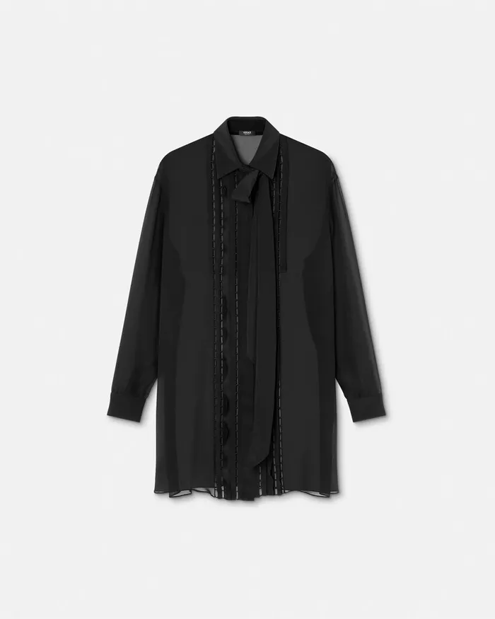 Versace Silk Georgette Lavallire Long Shirt Black Women Shirts and Tops