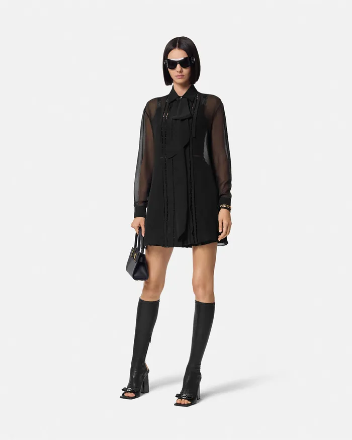Versace Silk Georgette Lavallire Long Shirt Black Women Shirts and Tops