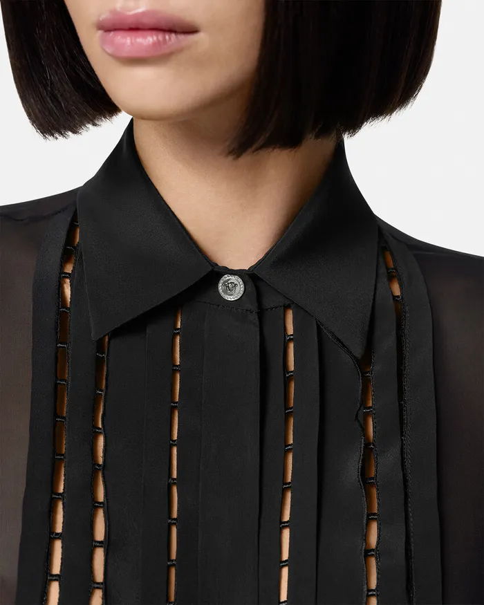 Versace Silk Georgette Lavallire Long Shirt Black Women Shirts and Tops