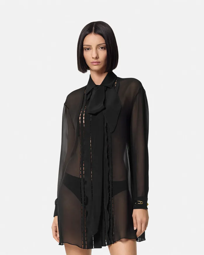 Versace Silk Georgette Lavallire Long Shirt Black Women Shirts and Tops