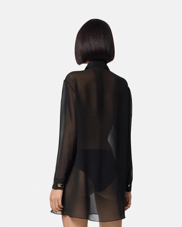 Versace Silk Georgette Lavallire Long Shirt Black Women Shirts and Tops