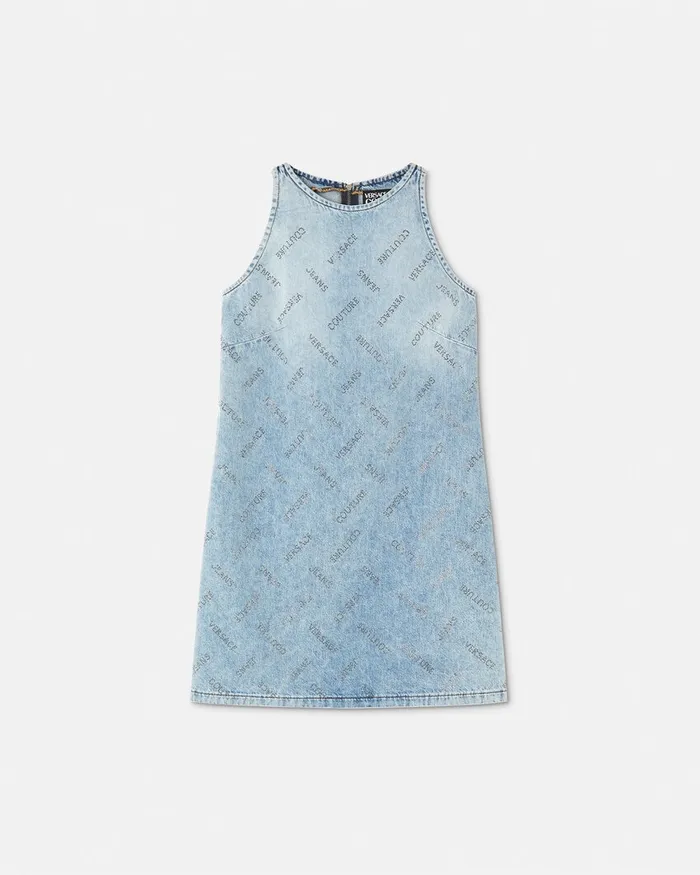 Versace Studded Logo Denim Mini Dress Blue Women Jeans Couture