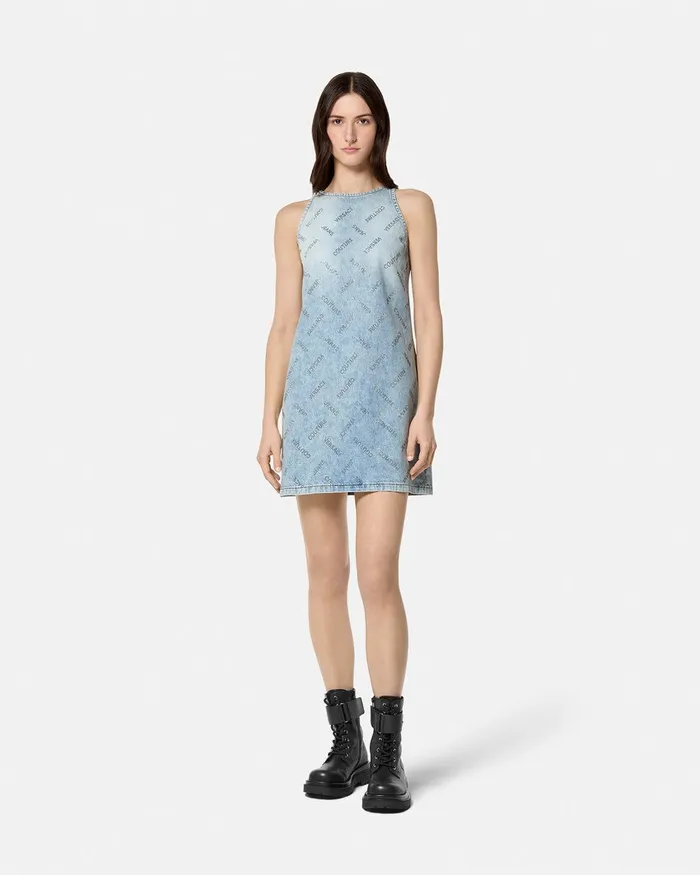 Versace Studded Logo Denim Mini Dress Blue Women Jeans Couture