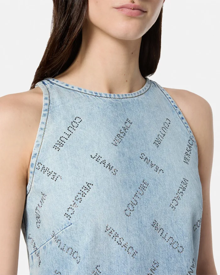 Versace Studded Logo Denim Mini Dress Blue Women Jeans Couture