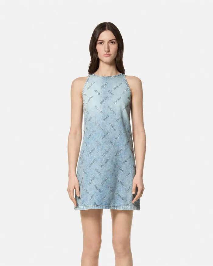 Versace Studded Logo Denim Mini Dress Blue Women Jeans Couture
