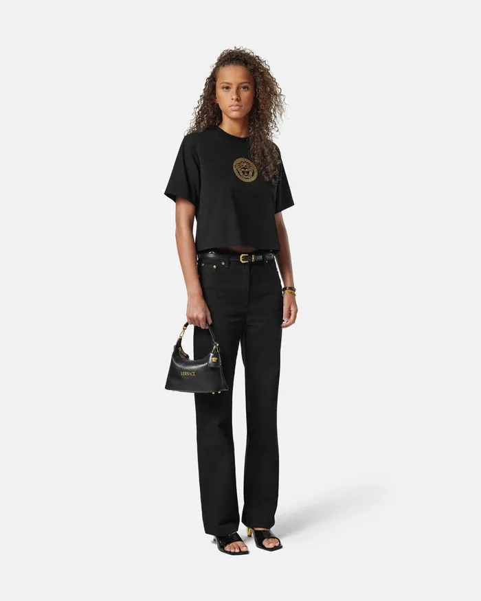 Versace Tag Hobo Handbag Blackgold Women Top Handle