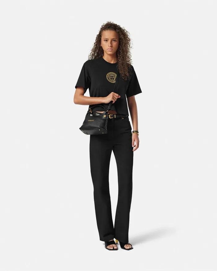 Versace Tag Hobo Handbag Blackgold Women Top Handle