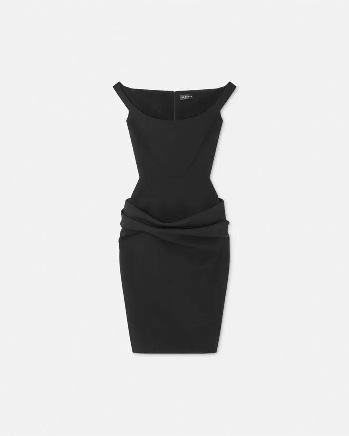 Versace Wool Gabardine Corset Draped Midi Dress Black Women Dresses